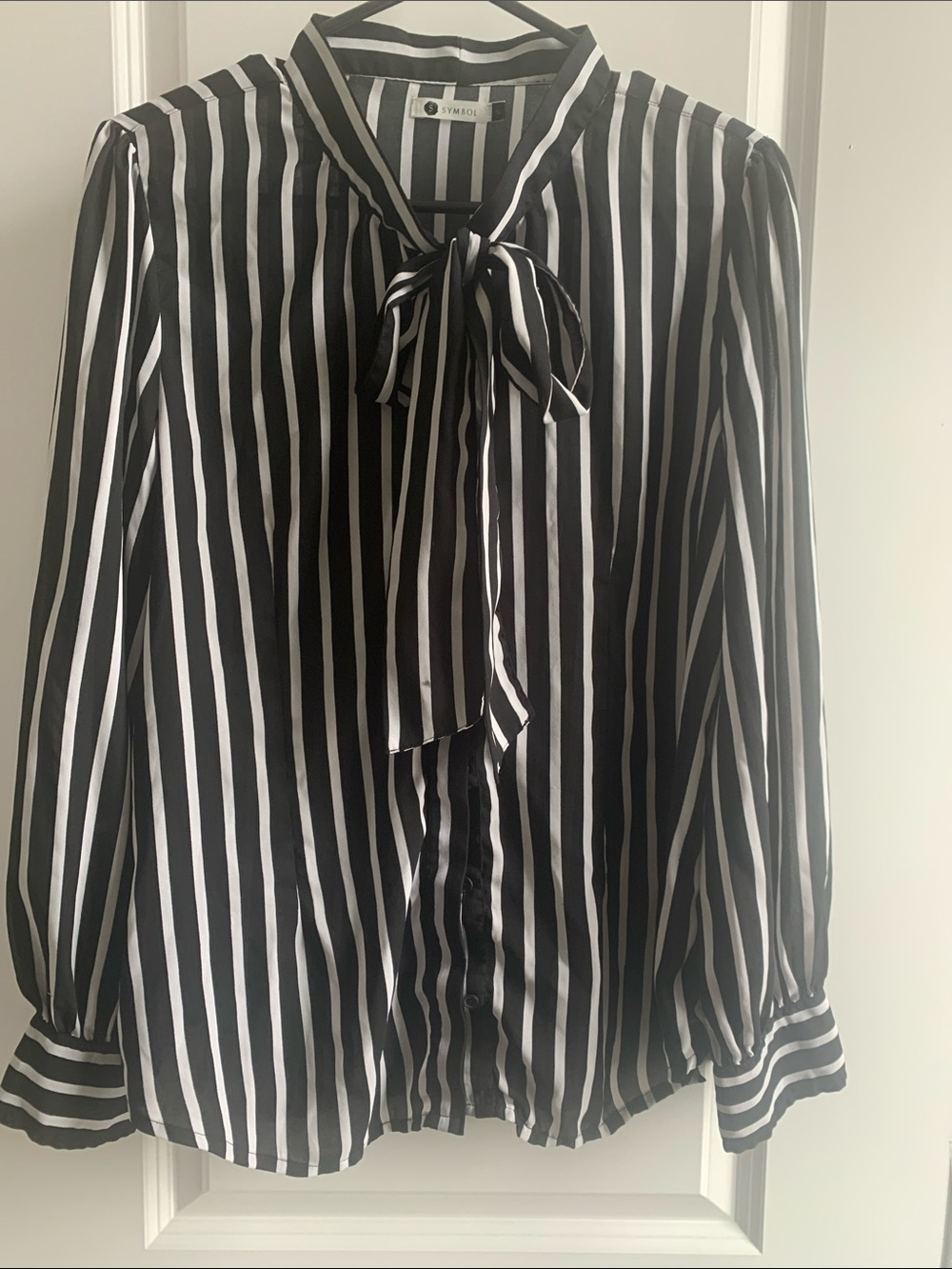 Black & White Vertical Striped Tie-Neck Blouse